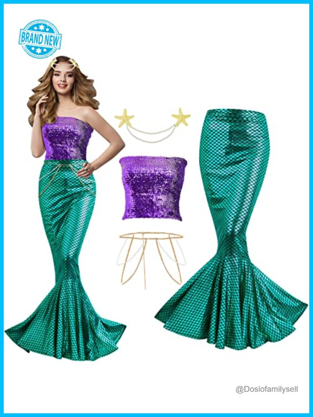 Mermaid Costume Set Sequin Tube Top Skirt Pearl Waist Head Chain Cosplay
